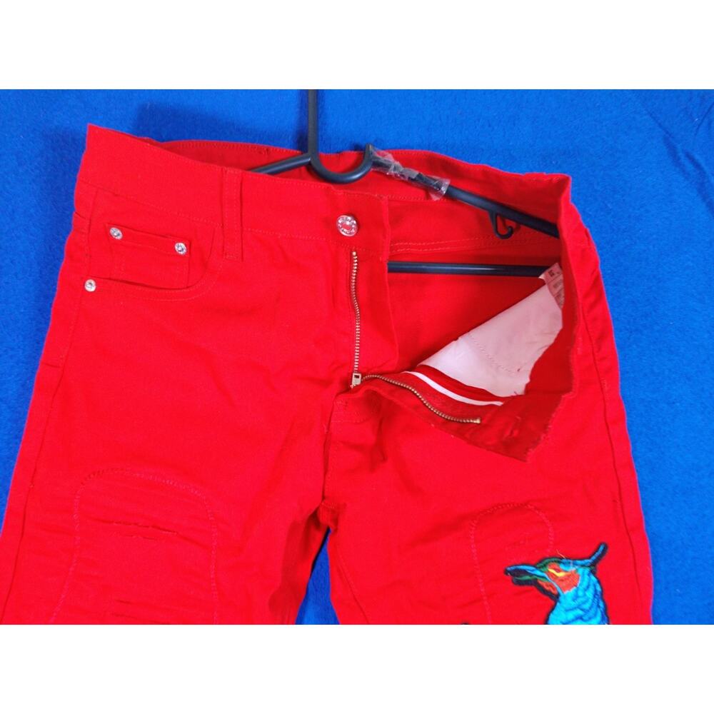 Bie Pa Paris Red Denim Jeans Women's Size 33 Embroidered Phoenix Floral Slim - Picture 15 of 15